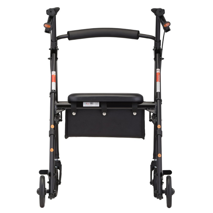 The Nova Medical Star 6 OS Rollator Walker is a lightweight and foldable mobility aid designed for users with heights ranging from 5'1" to 6'2". It boasts a sleek black design with four wheels, a padded seat, and NOVA's patented locking hand brakes. The ergonomic handles and Quick-Fit adjustable setup enhance comfort and stability, while a convenient storage pouch underneath provides added functionality. With its sturdy metal frame, this rollator walker ensures reliable support from every angle.