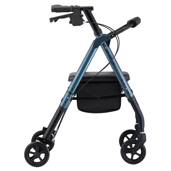 The Nova Medical Star 6 OS Rollator Walker is a lightweight and foldable adult mobility aid designed for users with a height range of 5'1" to 6'2". It features four wheels, black handles, and NOVA's patented locking hand brakes. Additionally, it includes a convenient basket beneath the seat for carrying items.