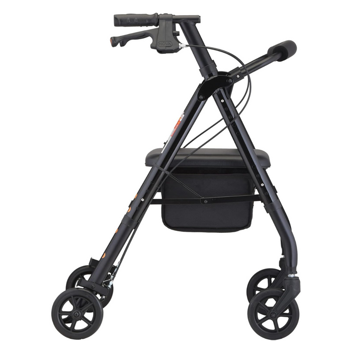 The Nova Medical Star 6 OS Rollator Walker, a lightweight and foldable mobility aid, comes in black with a metal frame. It features ergonomic handles with NOVA's patented locking hand brakes for added safety. Designed to fit users between 5'1" and 6'2", it offers personalized comfort through its Quick-Fit adjustable system and includes a small storage pouch beneath the seat for convenient support while on the move.