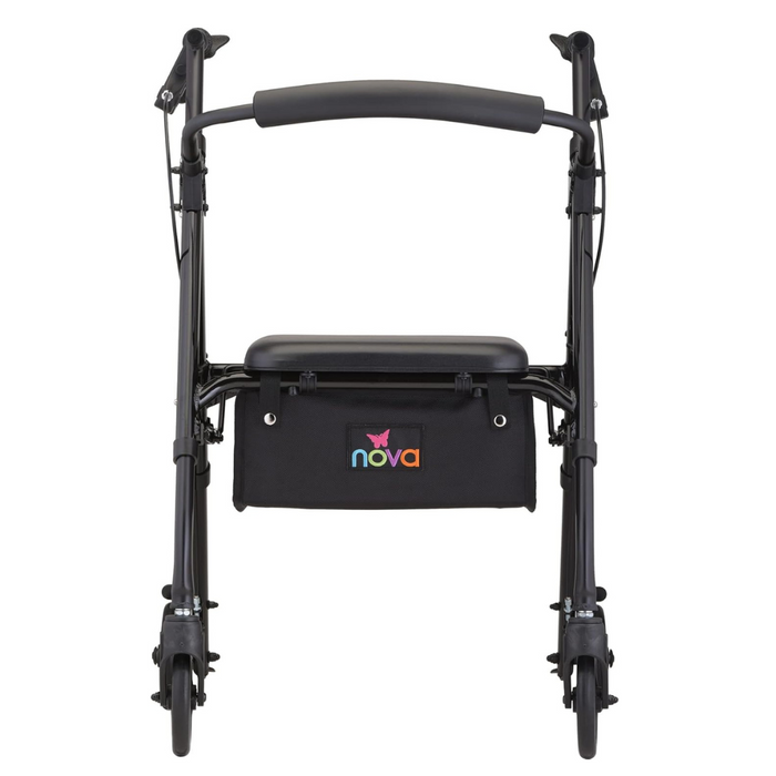 Introducing the Nova Medical Star 6 OS Rollator Walker - a lightweight and foldable walker designed for users between 5'1" and 6'2". It comes in black with four wheels, a padded seat, and NOVA's patented locking hand brakes. The convenient storage pouch, viewable from the front, features the NOVA logo in colorful letters. Plus, enjoy peace of mind with its lifetime warranty.