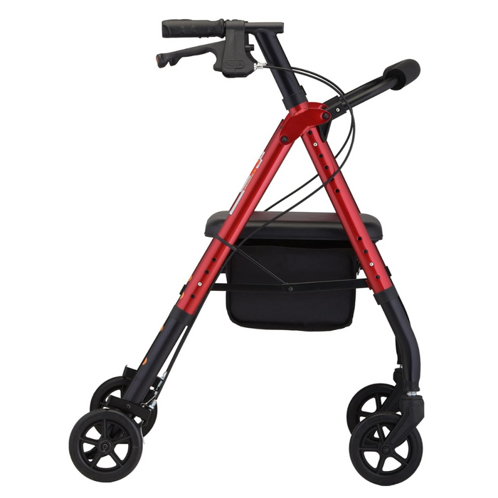 The Nova Medical Star 6 OS Rollator Walker is a lightweight and foldable option available in red and black. It features four wheels, a built-in seat, NOVA's patented locking hand brakes, and a storage pouch. Its Quick-Fit adjustable design allows the handlebars to be customized for user heights ranging from 5'1" to 6'2", ensuring comfort in mobility assistance. Furthermore, it comes with the peace of mind provided by its lifetime warranty.