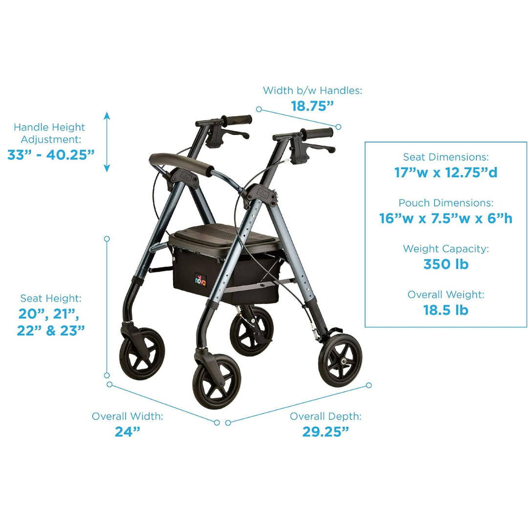 Nova Medical Star DX Heavy Duty Bariatric Rollator Walker with Extra Wide Seat Dimensions 