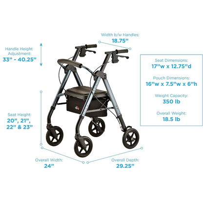 Nova Medical Star DX Heavy Duty Bariatric Rollator Walker with Extra Wide Seat Dimensions 