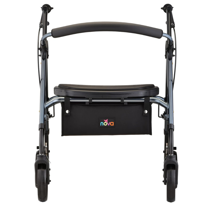 The Nova Medical Star 8 DX Heavy Duty Bariatric Extra-Wide Rollator is a foldable rollator with all-terrain wheels, shown from the front. It includes a spacious black seat and a black storage pouch featuring the Nova logo. Its metallic frame is accentuated by stylish black handles.