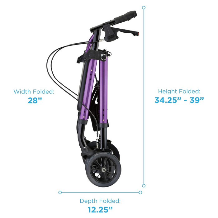 Side view of the Nova Medical Star HD Bariatric Rollator Walker with Extra Wide Padded Seat, showcasing its measurements. When folded, it has a width of 28 inches, a height ranging from 34.25 to 39 inches, and a depth of 12.25 inches. This purple walker is equipped with two wheels and features the Perfect-Fit size system for optimal comfort.