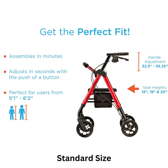 Introducing the Nova Medical Star HD Bariatric Rollator Walker, featuring a striking red frame with black wheels, designed for easy assembly and equipped with button-adjustable features that ensure a custom Perfect-Fit size system. It includes feather-touch locking hand brakes and adjustable handles ranging from 32.5 to 36.25 inches, making it perfect for users between 5'1" and 6'2". Experience the ultimate in comfort and fit!