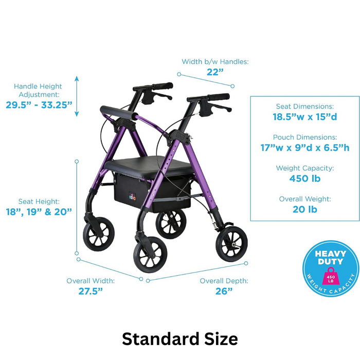 The Nova Medical Star HD Bariatric Rollator Walker with Extra Wide Padded Seat in purple features a Perfect-Fit size system with adjustable handle height ranging from 29.5 inches to 33.25 inches and seat dimensions of 18.5 inches wide by 15 inches deep. It supports up to 450 pounds, has feather-touch locking hand brakes, includes a pouch, weighs 20 pounds, and is marked as Heavy Duty.