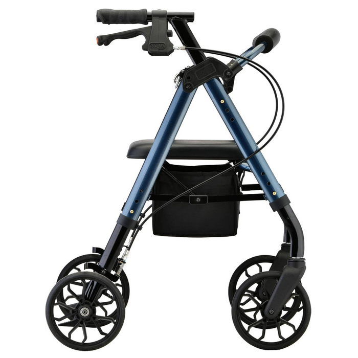 The Nova Medical Star 8 Lightweight Rollator is a blue foldable marvel featuring all-terrain wheels and a padded seat. It includes a compact black storage bag beneath the seat and two height-adjustable handles with brakes. Its sleek, modern design ensures reliability and comfort wherever you go.