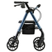 The Nova Medical Star 8 Lightweight Rollator is a blue foldable marvel featuring all-terrain wheels and a padded seat. It includes a compact black storage bag beneath the seat and two height-adjustable handles with brakes. Its sleek, modern design ensures reliability and comfort wherever you go.