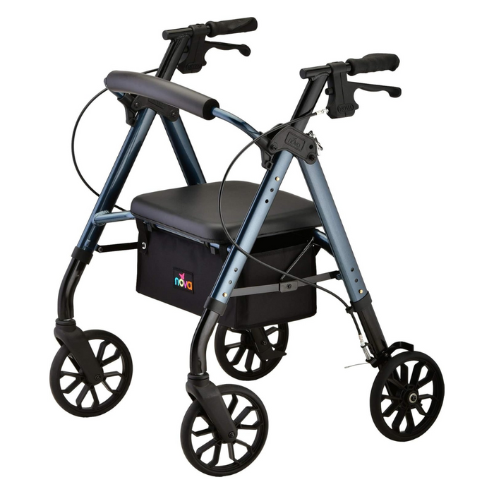 The Nova Medical Star 8 Lightweight Rollator features a height-adjustable seat and handles, four all-terrain black wheels, padded seat, ergonomic grips, hand brakes, a storage pouch under the seat, and a Lock & Lift folding pin system for easy transport.