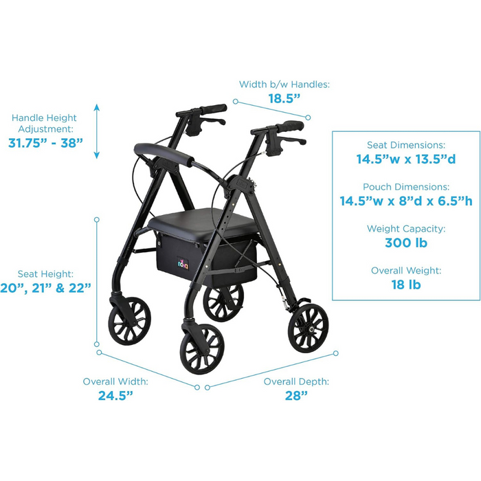 Diagram of the Nova Medical Star 8 Lightweight Rollator featuring all-terrain wheels and labeled features, including adjustable handle heights (31.75-38 inches), width (21.5 inches), and height options (20, 21, and 22 inches). It also includes seat dimensions (14.5x13.5 inches), a pouch size of 14.5x8x6.5 inches, a weight capacity of up to 300 lbs, an overall weight of 18 lbs, and width measurement details.
