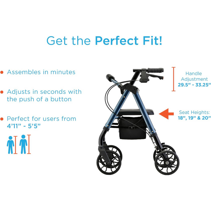 Announcing the Nova Medical Star 8 Lightweight Rollator, equipped with stylish black all-terrain wheels and a vibrant blue frame. Experience hassle-free assembly and push-button adjustments, featuring a height-adjustable handle from 29.5 to 33.25 inches and seat heights of 18, 19, and 20 inches. Ideal for users between the heights of 4'11" and 5'5".