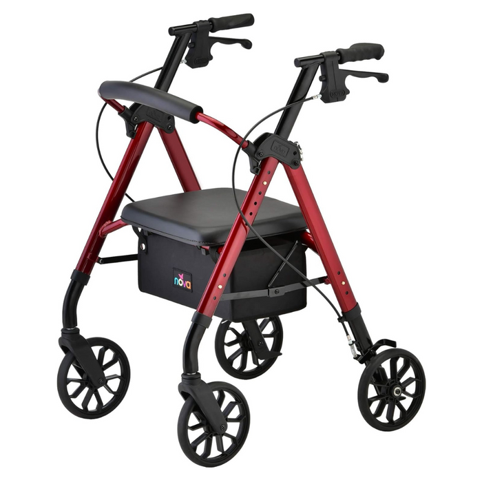 Introducing the Nova Medical Star 8 Lightweight Rollator, a red mobility aid equipped with all-terrain wheels for versatility. It features a comfortable seat, hand brakes, and curved handles designed for easy grip. Underneath the seat is a compact black storage compartment. Additionally, both the seat and handles are height adjustable to ensure personalized comfort.