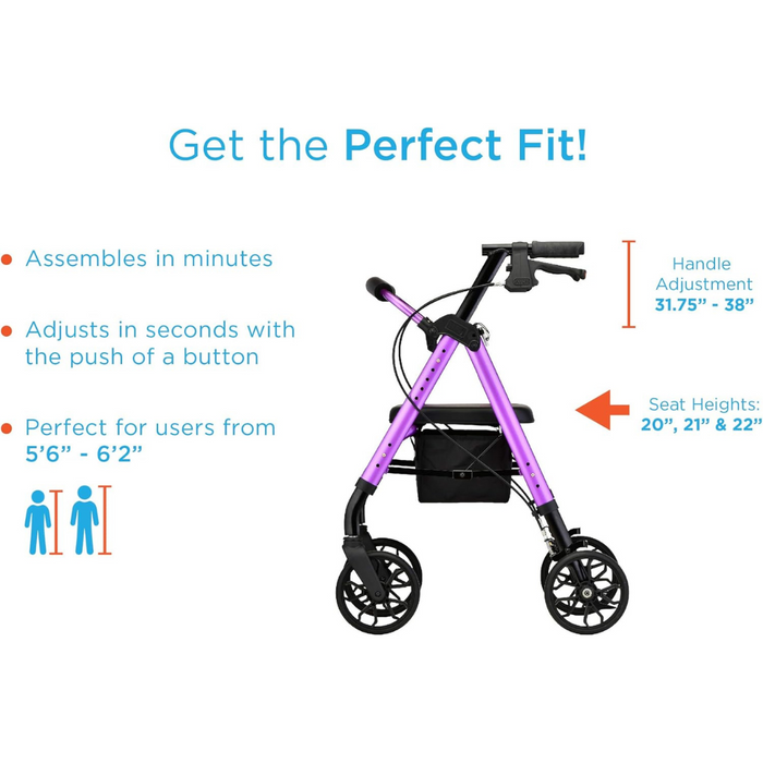 Introducing the Nova Medical Star 8 Lightweight Rollator, featuring a cutting-edge design in a sleek purple finish. Equipped with all-terrain wheels and an adjustable height ranging from 31.75 to 38 inches, it offers seat height options of 20, 21, and 22 inches to perfectly accommodate users between 5'6" and 6'2".