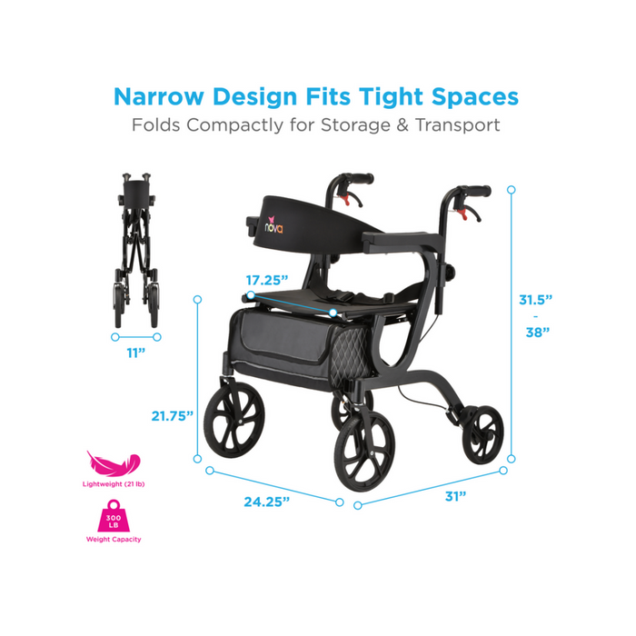 Nova Medical Gemini 2-in-1 Rollator Transport Chair - Carbon Black 