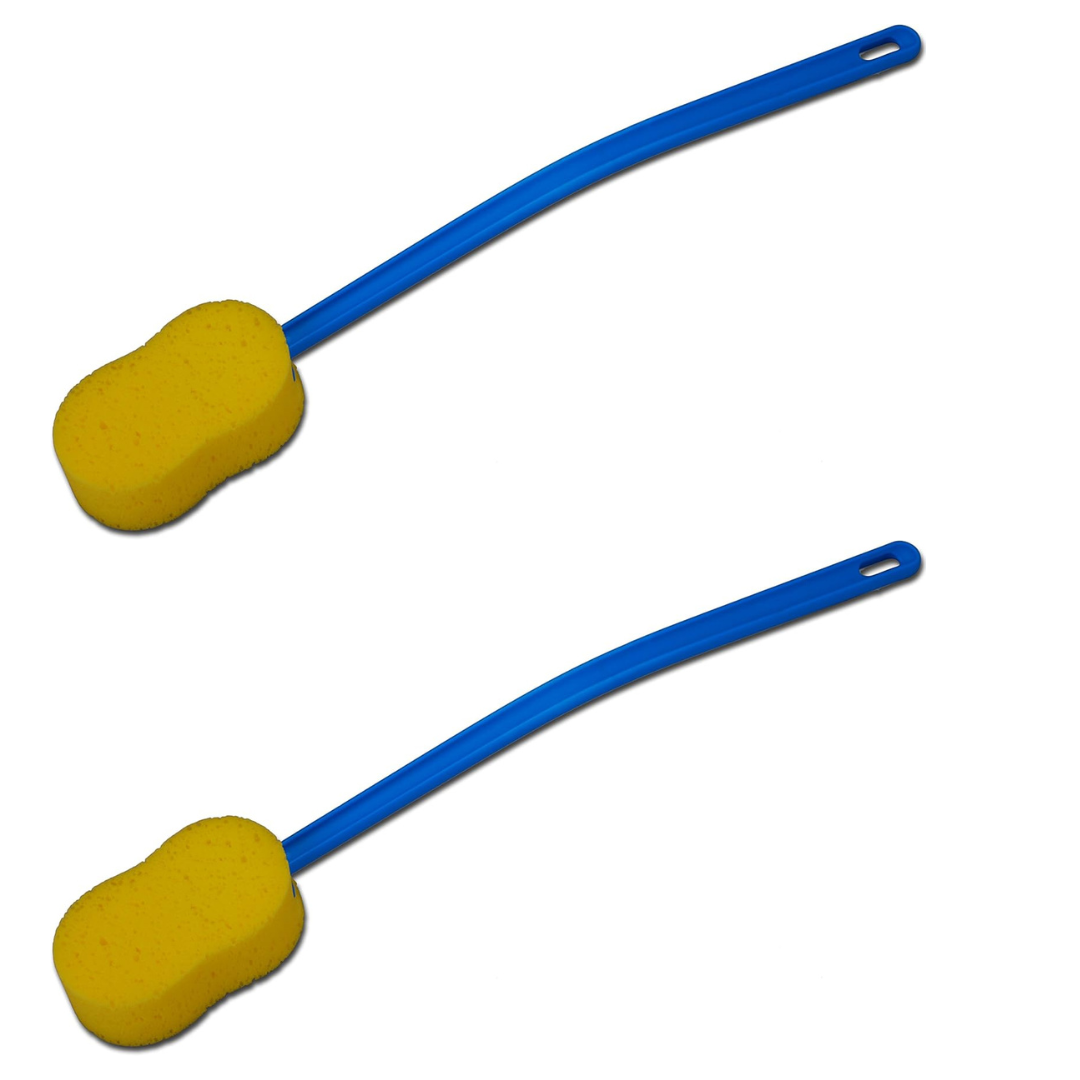 Two Nova 23” Extra Long Bath & Back Sponge Brushes (2 Pack) with yellow sponges and blue curved handles, each with a small hole at the end, are placed parallel on a white background.