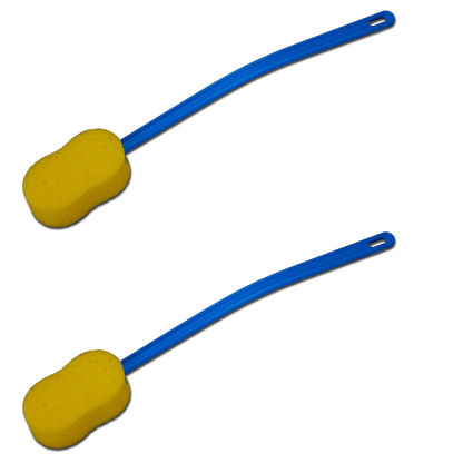 Two Nova 23” Extra Long Bath & Back Sponge Brushes (2 Pack) with yellow sponges and blue curved handles, each with a small hole at the end, are placed parallel on a white background.
