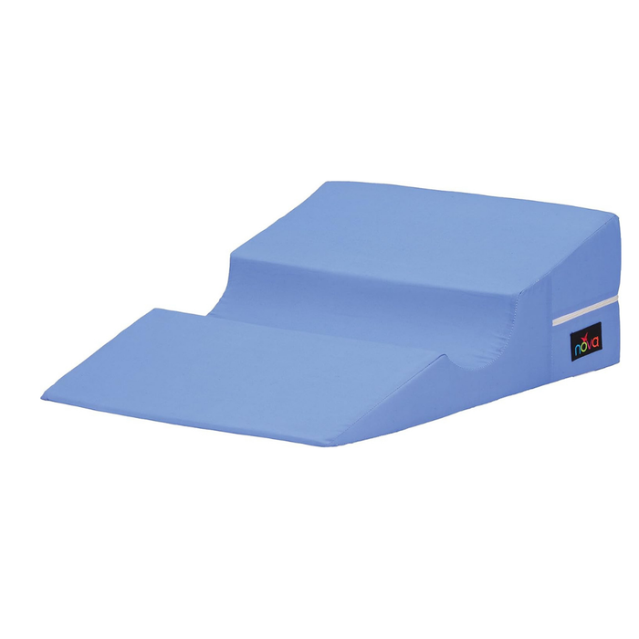 The Nova Bed Wedge for Back & Side Sleepers with Half Roll Pillow Insert (2 Pack) features an angled light blue foam design with a cut-out for knee support—perfect for back sleepers seeking extra comfort.