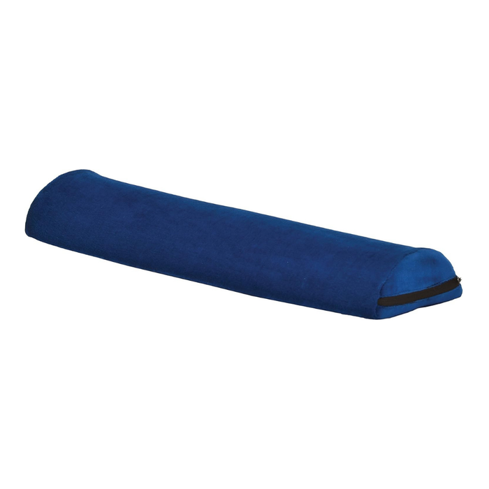 The Nova Bed Wedge for Back & Side Sleepers with Half Roll Pillow Insert (2 Pack) features a long, blue bolster pillow with a flattened base and black handle, perfect for back or side sleepers. Set against a white background.