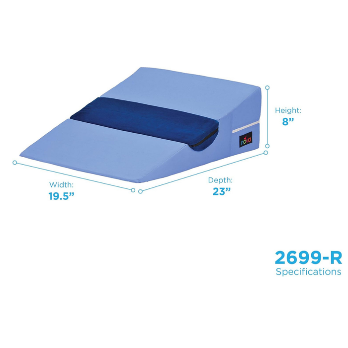 The Nova Bed Wedge for Back & Side Sleepers with Half Roll Pillow Insert (2 Pack) in light blue features a dark blue strap. Dimensions: 19.5W x 23D x 8H. Model number 2699-R appears at the bottom right. Ideal for side sleepers.