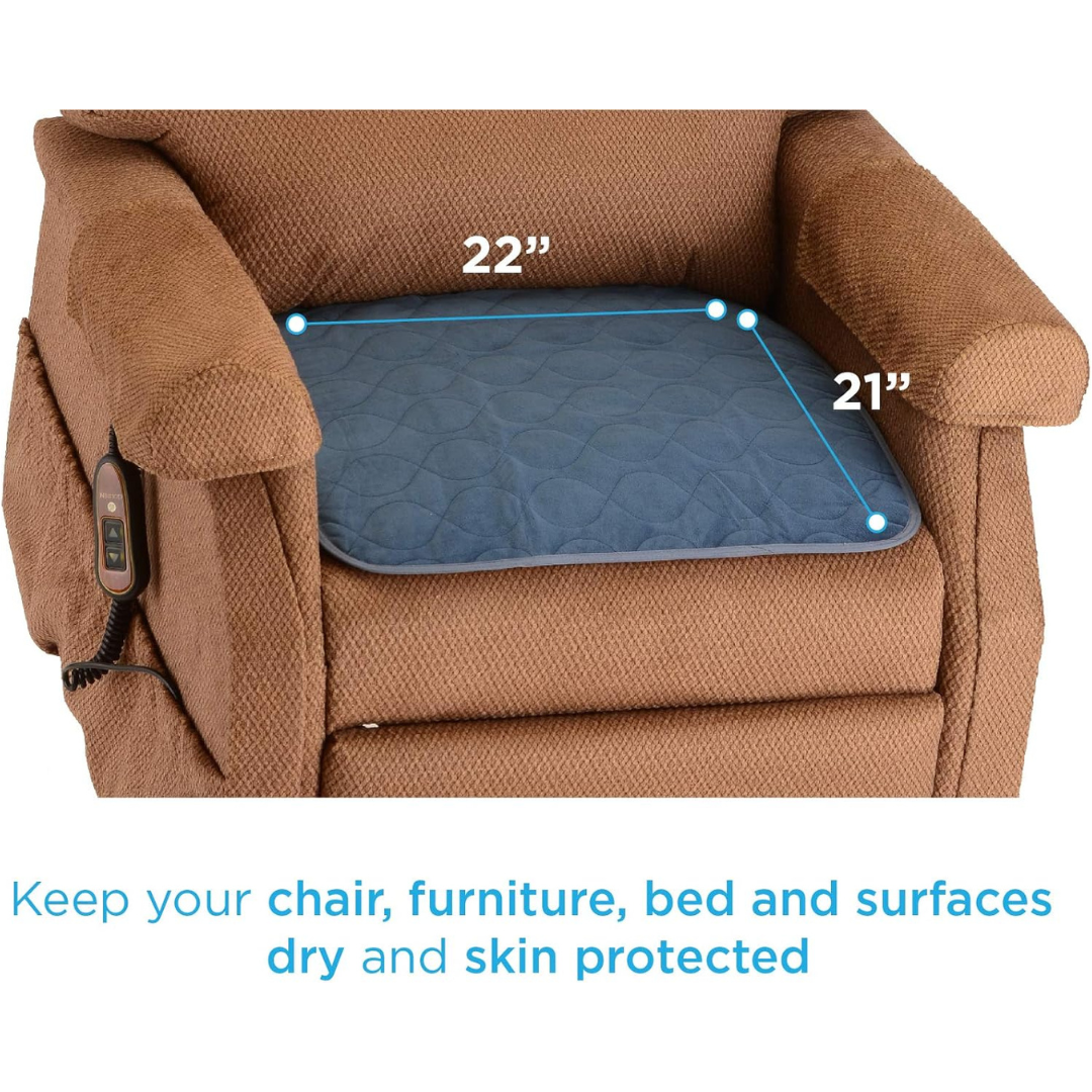 A brown upholstered chair with a blue Nova Ultra Reusable Waterproof Underpad for Chairs (21" x 22") on the seat. Text below reads: Protect chairs, furniture, beds and surfaces while keeping skin dry with this reusable bed pad.