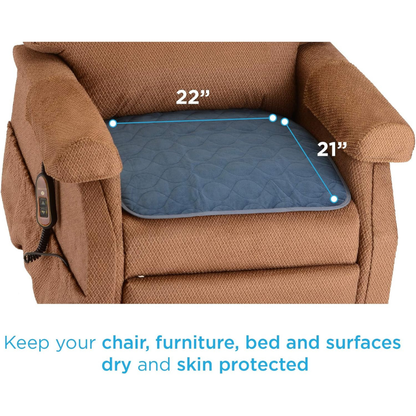 A brown upholstered chair with a blue Nova Ultra Reusable Waterproof Underpad for Chairs (21" x 22") on the seat. Text below reads: Protect chairs, furniture, beds and surfaces while keeping skin dry with this reusable bed pad.