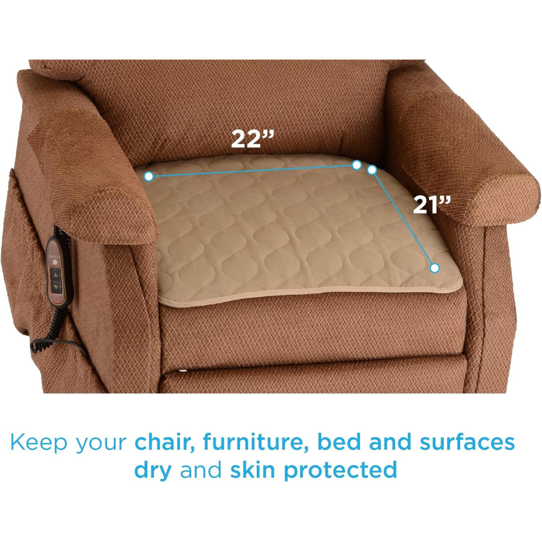 A Nova Ultra Reusable Waterproof Underpad For Chairs (21" x 22") is placed on a brown armchair. Text below reads: “Keep your chair, furniture, bed and surfaces dry and skin protected with reusable bed pads.”.