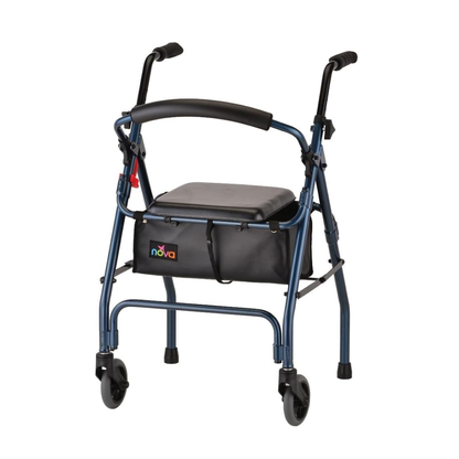 The Nova Cruiser 2 Lightweight Walker with Seat is shown on a white background. This four-wheeled walker features a blue frame, cushioned seat, black handles, and a storage pouch beneath the seat.