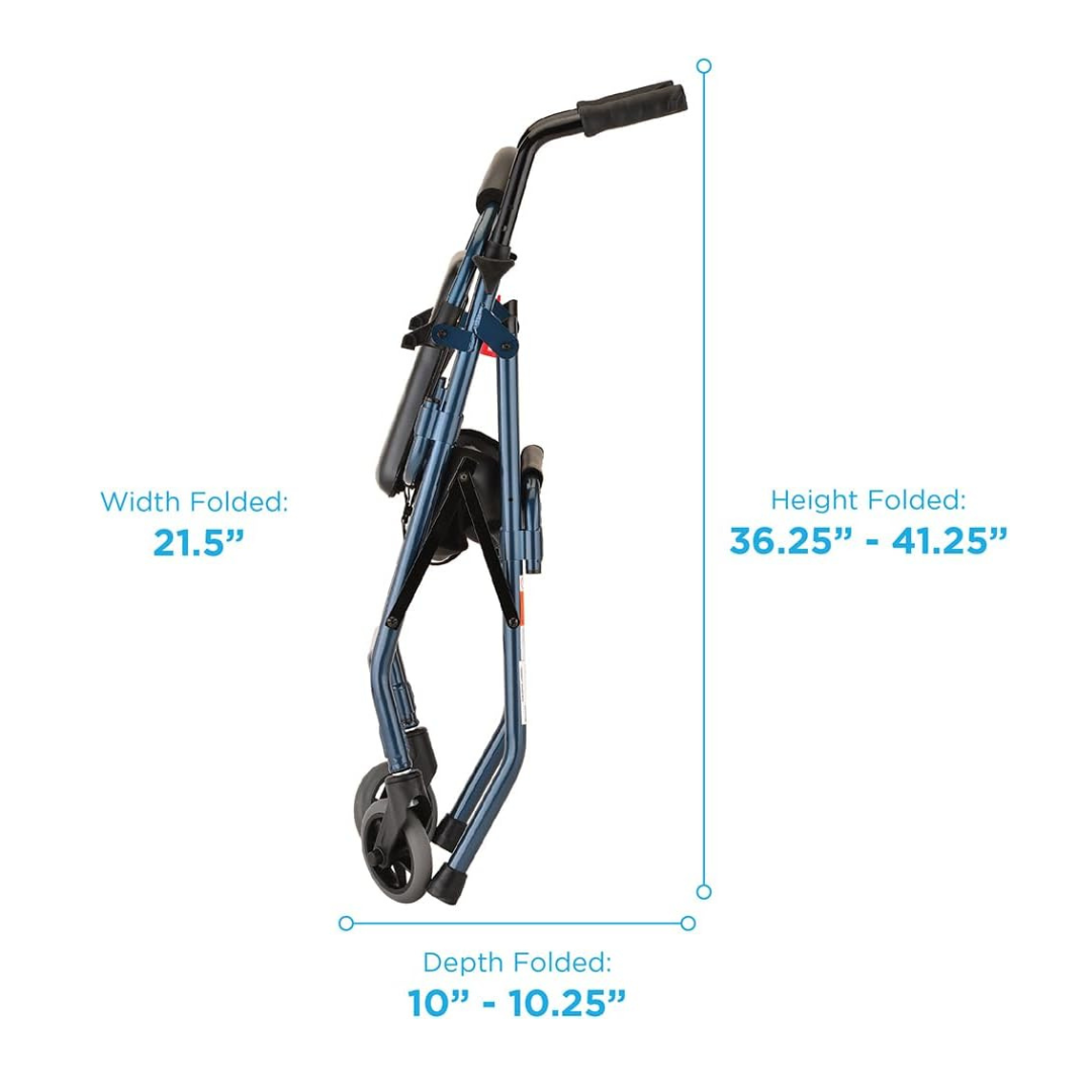 The Nova Cruiser 2 Lightweight Walker with Seat is designed for easy portability, featuring a convenient folding design with a handle and wheels. Its vibrant blue frame is eye-catching, and the walker measures 21.5” wide, has an adjustable height from 36.25” to 41.25”, and a depth ranging from 10” to 10.25”.