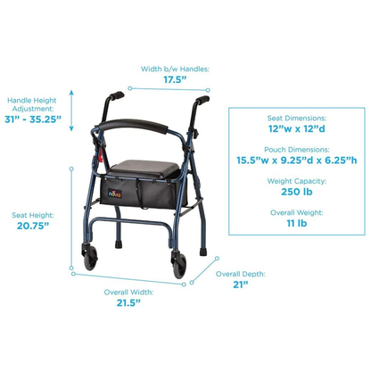 Nova Cruiser 2 Lightweight Walker with Seat in blue, equipped with black handles and a spacious 15.5" x 9.25" x 6.25" pouch for convenience. The walker has an adjustable handle height from 31" to 35.25", measures 21.5" wide by 21" deep, with an overall height of 20.75". The seat size is a comfortable 12" x 12". This lightweight walker supports users up to 250 lbs and is easy to maneuver.