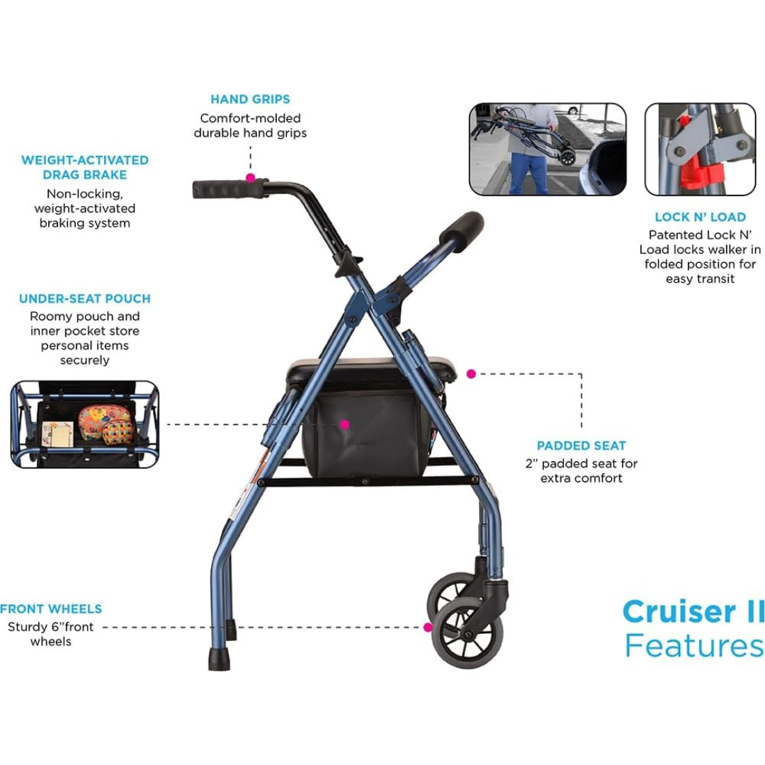 The Nova Cruiser 2 Lightweight Walker with Seat includes a padded seat, hand grips, storage pouch, weight-activated drag brake, and front wheels. Feature details are labeled with text and dotted lines to each part. Inset images display close-ups of the handle and locking mechanism on this lightweight walker.