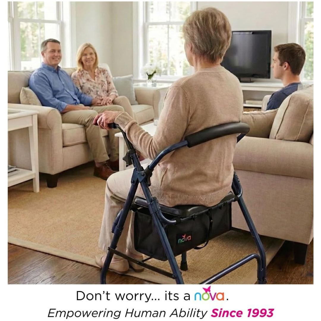 A woman using a Nova Cruiser 2 Lightweight Walker with Seat sits facing her family in the living room. Text below reads, Don’t worry… it’s a Nova Cruiser 2 Lightweight Walker with Seat. Empowering Human Ability Since 1993.