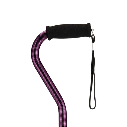 Close-up of the handle of a Nova Designer Offset Walking Cane, featuring a purple design, black foam grip, and attached black wrist strap against a white background.