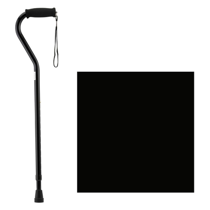 A Nova Designer Offset Walking Cane in black metal with a curved handle and wrist strap is displayed beside a solid black square on a white background.