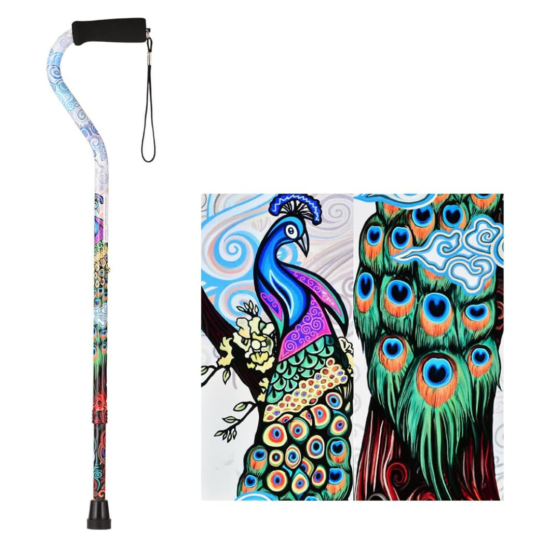 A Nova Designer Offset Walking Cane displays a colorful peacock design with a black handle and tip. Beside it, a close-up highlights the vibrant, stylized peacock illustration featured on the cane.