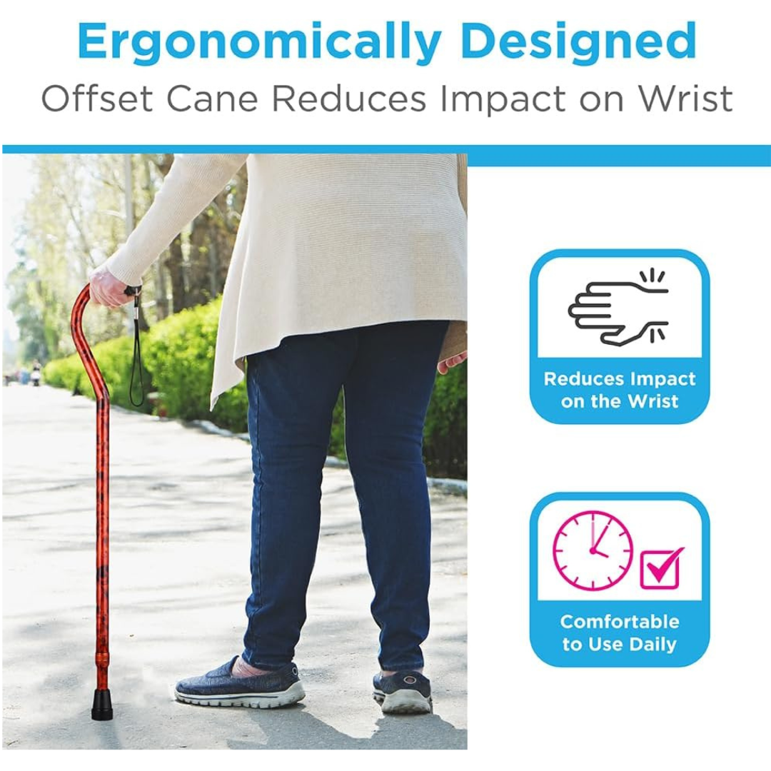A person walks outdoors with a Nova Designer Offset Walking Cane. The text highlights its ergonomic design, which reduces wrist impact and provides comfort for daily use. Two icons emphasize reduced strain and enhanced comfort.