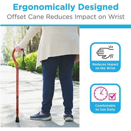 A person walks outdoors with a Nova Designer Offset Walking Cane. The text highlights its ergonomic design, which reduces wrist impact and provides comfort for daily use. Two icons emphasize reduced strain and enhanced comfort.