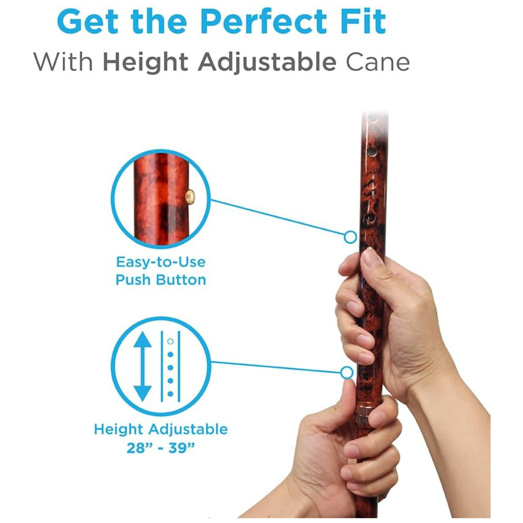 Hands adjusting a cane’s height with a push button. Text: Get the perfect fit with Nova Designer Offset Walking Canes—easy-to-use push button adjusts height 28-39". Enjoy comfort, style, and reliable support from NOVA walking canes.