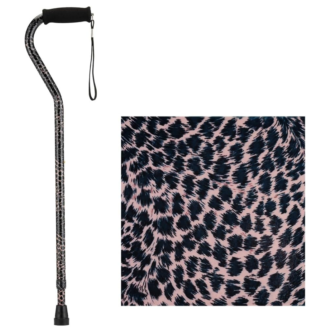 The Nova Designer Offset Walking Cane features a black grip and pink and black leopard print design, offering a stylish animal pattern for those seeking walking canes with flair.