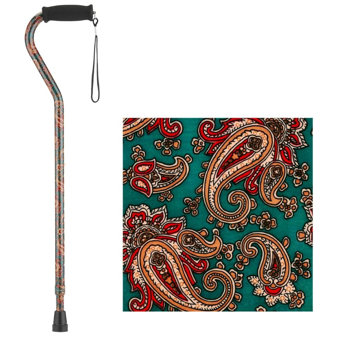 The Nova Designer Offset Walking Cane features a paisley pattern in red, beige, and black on teal. A close-up highlights this unique design—ideal for those seeking stylish NOVA walking canes with flair.
