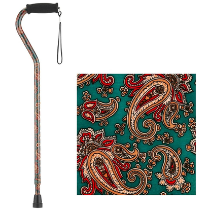 The Nova Designer Offset Walking Cane features a paisley pattern in red, beige, and black on teal. A close-up highlights this unique design—ideal for those seeking stylish NOVA walking canes with flair.