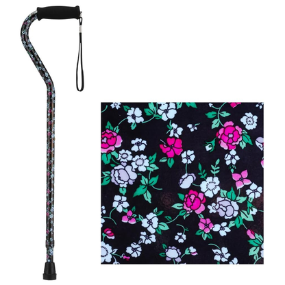 The Nova Designer Offset Walking Cane is shown in black with a floral pattern in white, pink, and green, alongside a close-up of the design. It features a matching black handle and wrist strap.