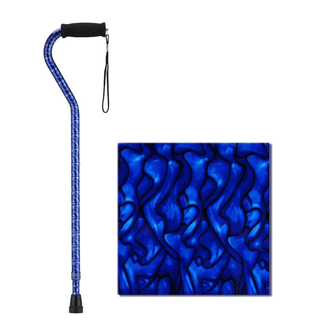 A Nova Designer Offset Walking Cane with a black handle and wrist strap is shown in blue with an abstract swirling pattern. The cane’s curved design is highlighted, along with a close-up of its unique blue details, all set against a white background.