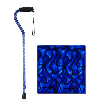 A Nova Designer Offset Walking Cane with a black handle and wrist strap is shown in blue with an abstract swirling pattern. The cane’s curved design is highlighted, along with a close-up of its unique blue details, all set against a white background.
