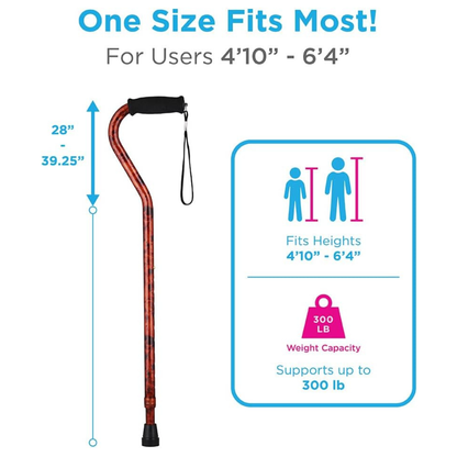 The Nova Designer Offset Walking Canes have a height range of 28"–39.25", support up to 300 lbs, and fit users 4'10"–6'4". They feature an adjustable offset design, wrist strap, and designer styles with highlighted features for extra flair.