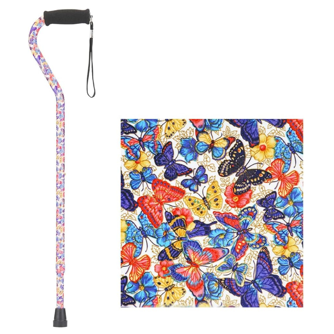 The Nova Designer Offset Walking Cane features a vibrant butterfly pattern with red, blue, yellow, and orange butterflies on a white background.