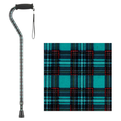 The Nova Designer Offset Walking Cane features a curved handle, wrist strap, and a stylish blue, black, and red tartan pattern, with an enlarged square detail shown beside the cane.