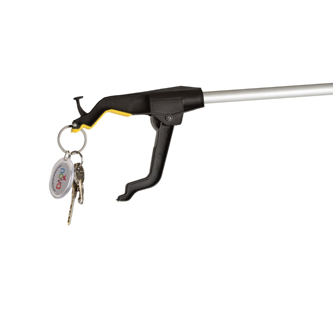 The Nova Medical Dragon Reachers - Pack of 2 features a black handle and trigger, 360° rotating gripper, and silver extension pole to easily retrieve keys or other items from hard-to-reach places.