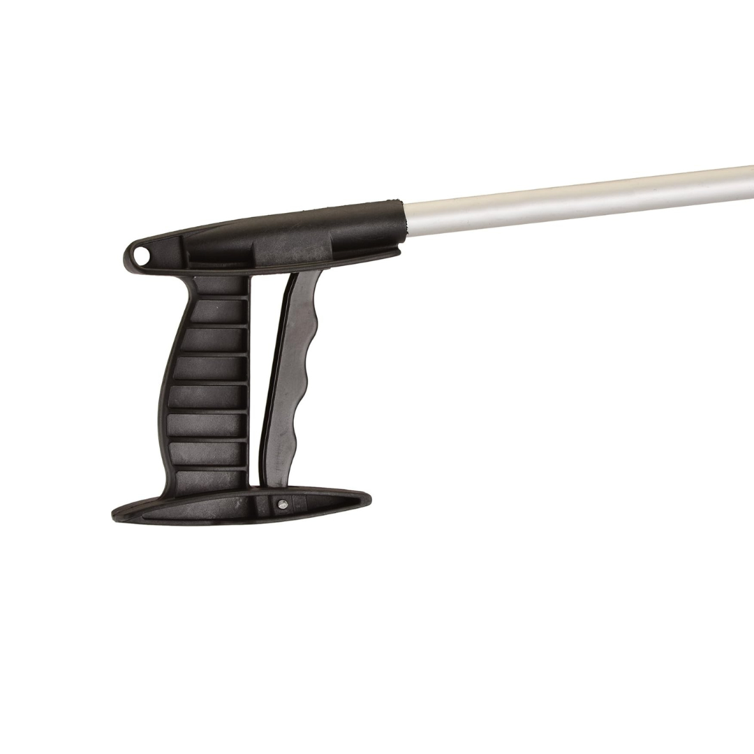 Close-up of the black plastic handle and trigger on a Nova Medical Dragon Reachers - Pack of 2, featuring an ergonomic grip and trigger mechanism, shown on a silver pole against a white background.