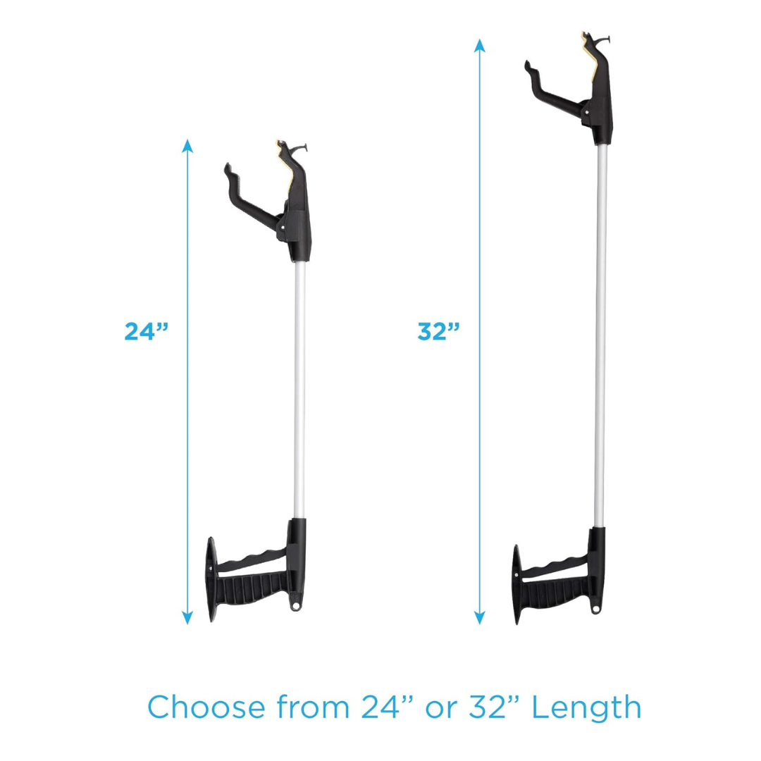 Two Nova Medical Dragon Reachers are shown upright, one 24" and one 32", each with an ergonomic design. Blue arrows indicate lengths. Caption: Choose from 24” or 32” Length. Pack of 2 included.